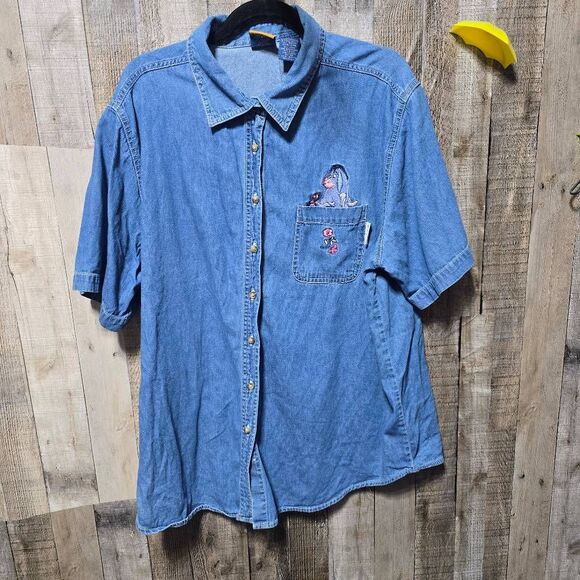Disney Winnie The Pooh Vintage 90s Eeyore Denim Button Down Plus Size Shirt - Picture 1 of 4